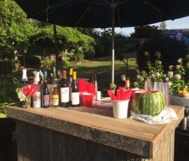 Outdoor bar with assorted bottles, red cups, and a watermelon on a wooden counter under an umbrella in a garden.