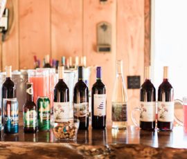 A row of assorted wine bottles, canned drinks, and pitchers of pink liquid arranged on a wooden counter.