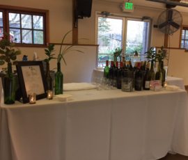 A table with wine bottles, glasses, and plants stands in a room with windows and glass doors.