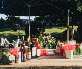 Outdoor bar setup with various bottles, drinks, cups, and a watermelon under a large umbrella in a garden.