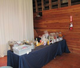 Table with drinks, snacks, and plastic cups set up against a wooden wall in a rustic indoor space.
