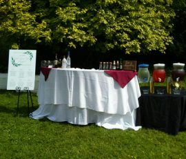 Outdoor drink station with a white tablecloth, assorted beverages, and dispensers on grass near a leafy tree.